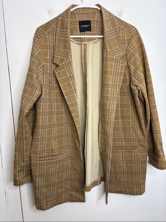 Liverpool Jackets & Blazers - Liverpool Blazer Womens 2X Tan Plaid Open Front Jacket Academia Ponte Stretchy